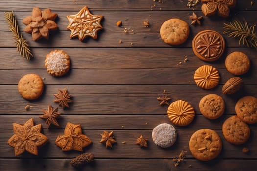 Cookies on a wooden table. Top view. ai generative