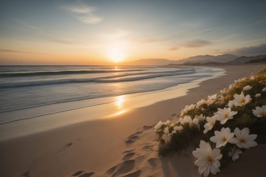 Beautiful sunset on the beach with reflection in the water. Long exposure. ai generative