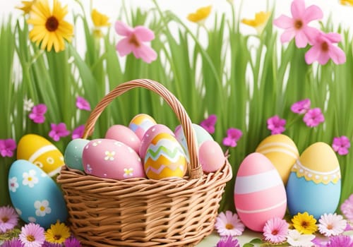 Easter bunny with colorful eggs in nest. ai generative