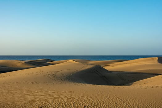 In the dunes of Maspalomas on Gran Canaria in Spain. View of the sea, with blue sky. The huge sand dunes resemble a small desert and are a nature reserve.