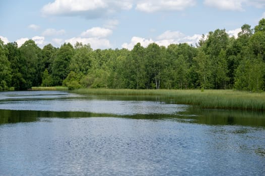 Reservoir at the red moor in the high Rhoen, Hesse, Germany. With blue sky and white clouds and reflection in the water