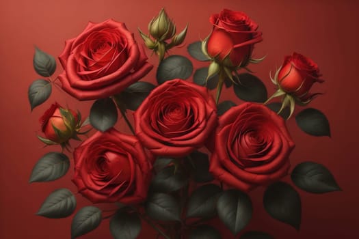Red roses background. Top view of beautiful red roses with green leaves. ai generative