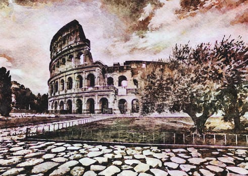 Rome, Italy - Sunset behind the Colosseum - Creative illustration, vintage watercolor design