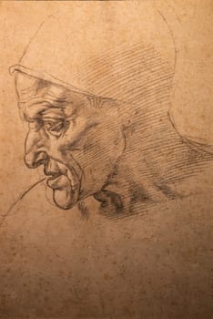 Turin, Italy - April 2023: Michelangelo Buonarroti drawing, Study for the head of the Cumaean Sybil, 1562