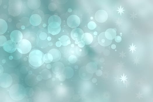 Abstract blurred festive green white winter christmas or Happy New Year background texture with shiny bokeh circles and stars. Card concept.