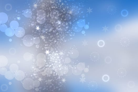 Abstract blurred festive light blue winter christmas or Happy New Year background with shiny blue and white bokeh lighted snowflakes and stars. Space for your design. Card concept.
