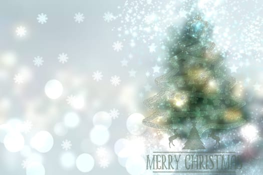 Abstract festive elegant green yellow white glittering greeting card with christmas trees, stars and a bokeh lighted Merry Christmas and New Year text. Beautiful backdrop with space.