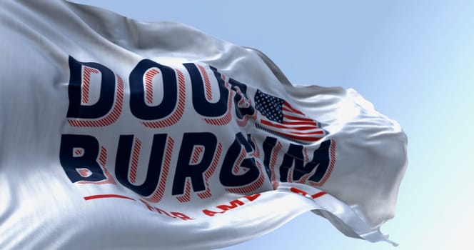 Washington D.C. , US, Nov. 30 2023: Close-up of Doug Burgum election campaign flag waving on a clear day. 2024 US presidential elections. Illustrative editorial 3d illustration render