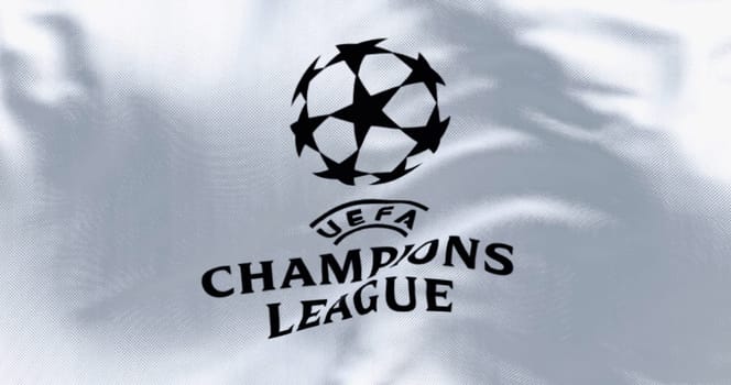 London, UK, Nov. 25 2023: close-up of UEFA Champions league flag waving. European football competition. Rippled fabric. Textured background. Illustrative editorial 3d illustration render