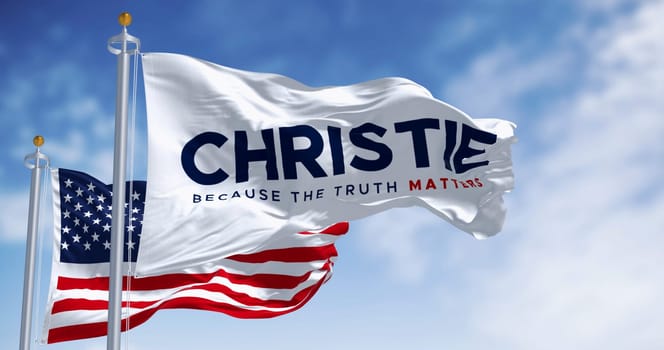 Jersey City, US, June 20 2023: Chris Christie 2024 presidential campaign flag waving with American flag. Illustrative editorial 3d illustration render. 2024 US presidential election