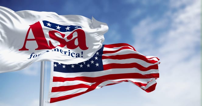 Bentonville, US, June 20 2023: Asa Hutchinson 2024 presidential campaign flag waving with American flag. Illustrative editorial 3d illustration render. 2024 US presidential election