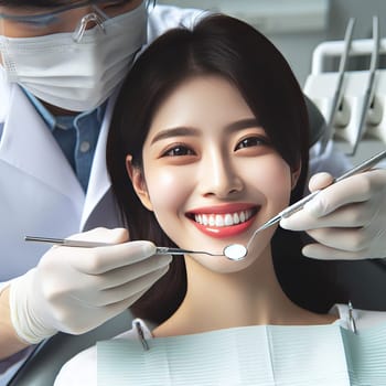 A dentist in a dental clinic holds instruments in his hands. The girl smiles