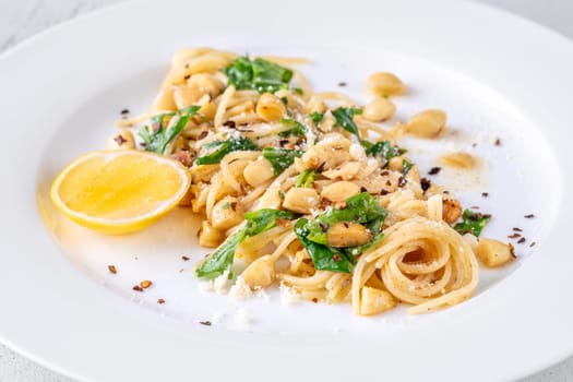 Lemon pasta with almonds, arugula and brown butter