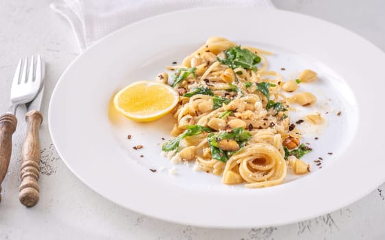 Lemon pasta with almonds, arugula and brown butter