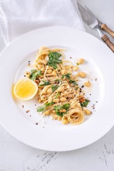 Lemon pasta with almonds, arugula and brown butter