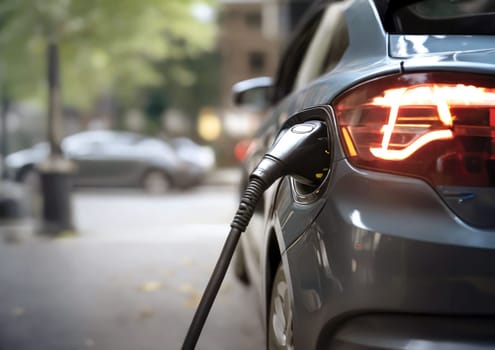 An electric vehicle being recharged at a charging station, with the power cable connected to the car's socket against a blurred urban background, depicting sustainable transportation