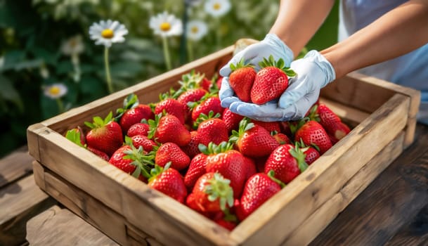 Vivid image of fresh strawberries being carefully selected and placed in a wooden crate by a person with gloved hands, amidst a flourishing garden with daisy flowers in the background