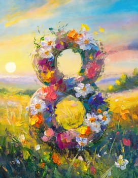 Beautiful painting for the International Women's Day celebrated on march 8th with number 8 wreath made of colorful flowers on a blooming meadow in sunrise soft light. Conceptual background