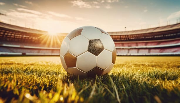Soccer ball on the green grass of the football arena in golden sunset light. Selective focus with copy space background