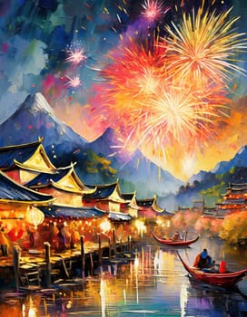 View of a chinese village with mountains in the background celebrating new year with fireworks and sparkles