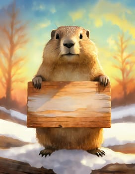 Cute marmot painting as holding a wood board with copy space for the Groundhog day advertising. Funny woodchuck forecaster with a wooden banner predicts the weather