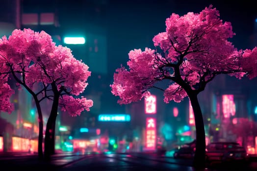 Futuristic city with neon lights and abstract sakura trees. Modern fantasy japanese cityscape background.