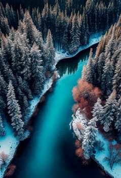 Drone view of winter landscape with pine forest covered with snow and mountain lake. Snowy fir tree in beauty nature scenery from above. Christmas and new year greeting card background.