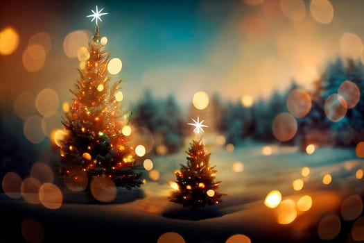 Christmas tree, snowflakes and magic bokeh lights glowing in winter forest at night. New year eve holiday in winter wonderland. Xmas greeting card background and wallpaper.