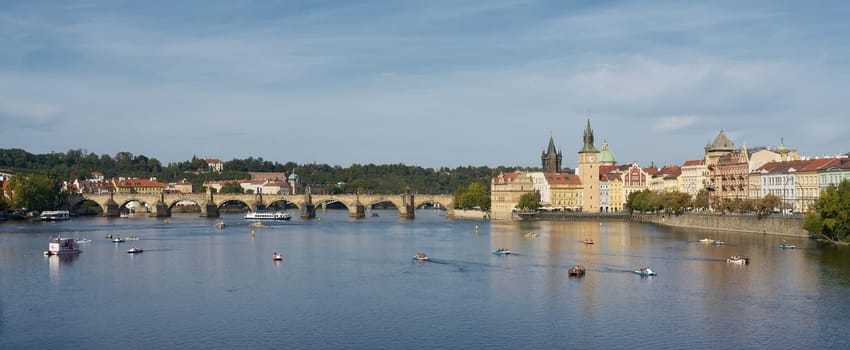 Panoramic picture of the city of Prague with the Vltava River and Charles Bridge