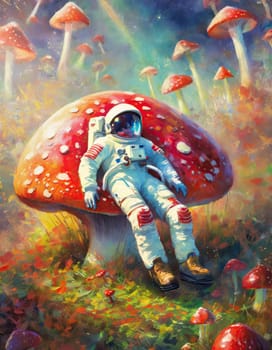 Spaceman seated on big red mushroom on another planet in universe, among a forest with colorful fungi