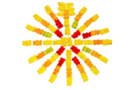 Gummy bears. Circle of fruity gummy bears with rainbow colors isolated on white. The top of the circle is a manufacturing error of gummy bears. Teddy bear circle.