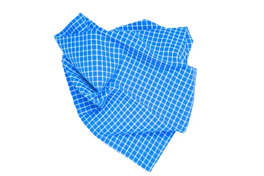 Closeup of a blue and white checkered napkin or tablecloth texture isolated on white background. Clipping path. Kitchen accessories. Top view.