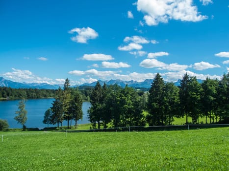 Landscape view at the Schwaltenweiher with a meadow in the foreground. View over the pond and a panoramic view of the first high mountain foothills of the Austrian Alps in front of a blue sky with thin white clouds.