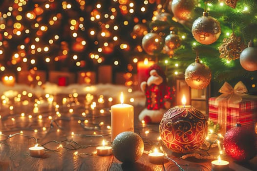 Cozy Christmas scene with sparkling lights, adorned tree, and festive candles, capturing the holiday's warm essence