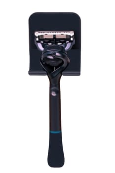 Mens shaver isolated. Modern safety razor or intimate razor for mans with many blades in a shower attachment.  Clipping path. Beard and hair care. Gift for a man. Macro.