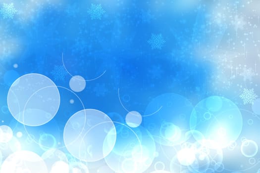 Abstract blurred festive light blue winter christmas or Happy New Year background with shiny blue and white bokeh lighted snowflakes and stars. Space for your design. Card concept.
