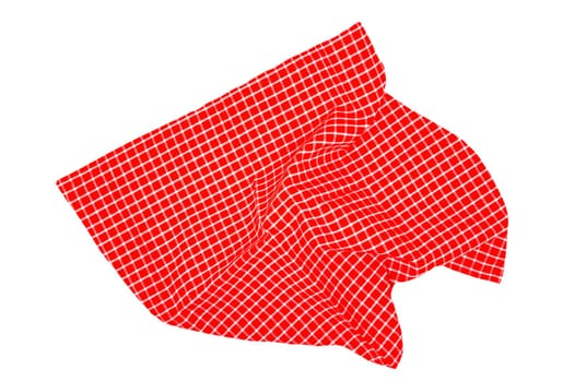 Closeup of a red and white checkered napkin or tablecloth texture isolated on white background. Clipping path. Kitchen accessories. Top view.