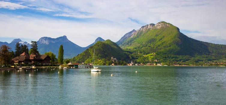 Panoramic view of lake of Annecy in the french Alps