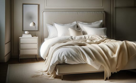 A tastefully decorated bedroom featuring a large bed with white linens and beige throw blanket. The room includes a nightstand with a lamp, set against a neutral color palette