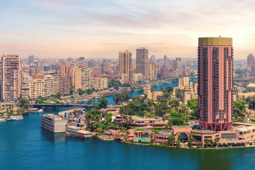 View of the Nile and Gezira island, unique scenery of Cairo, Egypt.