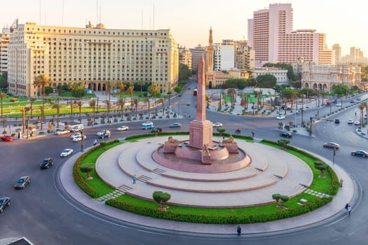 Famous Obelisk in the middle of Tahrir square, main government place of Cairo, Egypt.