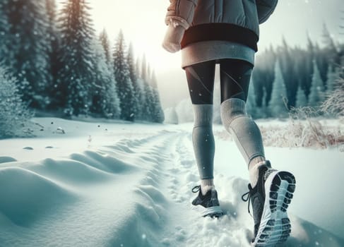 A determined woman jogs along a snow-covered trail surrounded by pine trees, embracing the winter season with a healthy outdoor workout