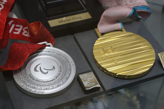 The silver medal of Martin Fleig (Paralympic winner,overall World Cup winner and world champion) in biathlon at the Paralympics in Beijing now shines in the display case of the Black Forest Ski Museum in Hinterzarten  Black Forest Ski Museum: Paralympic champion Martin Fleig hands over medals   DFL REGULATIONS PROHIBIT ANY USE OF PHOTOGRAPHS AS IMAGE SEQUENCES AND/OR QUASI-VIDEONann  Photo: Joachim Hahne/johapress