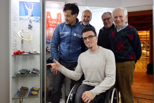 Together,they are delighted with the new display case with the medal collection of para-athlete Martin Fleig. Ralf Rombach (National Coach Nordic Skiing,German Disabled Sports Association),Alfred Faller (Head of the Black Forest Ski Museum),Hansjörg Eckert (former mayor of Hinterzarten) and Georg Thoma (Olympic Champion and World Champion Nordic Combined) in the  Black Forest Ski Museum: Paralympic champion Martin Fleig hands over medals   DFL REGULATIONS PROHIBIT ANY USE OF PHOTOGRAPHS AS IMAGE SEQUENCES AND/OR QUASI-VIDEONann  Photo: Joachim Hahne/johapress