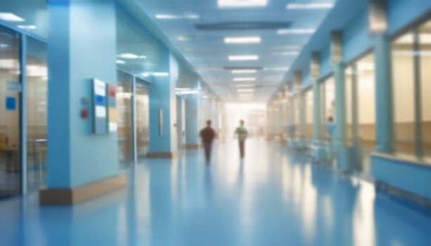 Empty hospital corridor with medical equipment. Blurred background, selective focus. AI generated