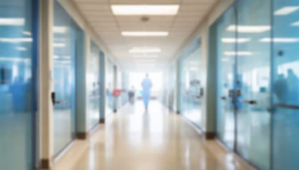 Empty hospital corridor with medical equipment. Blurred background, selective focus. AI generated