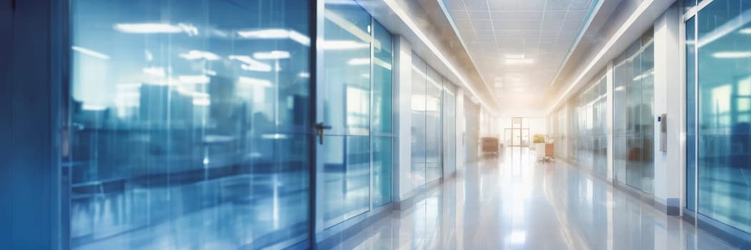 Empty hospital corridor with medical equipment. Blurred background, selective focus. AI generated