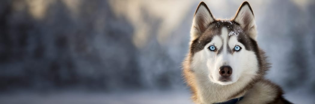 Siberian husky outdoor portrait with winter background. AI generated
