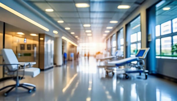 Empty hospital corridor with medical equipment. Blurred background, selective focus. AI generated