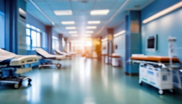 Empty hospital corridor with medical equipment. Blurred background, selective focus. AI generated